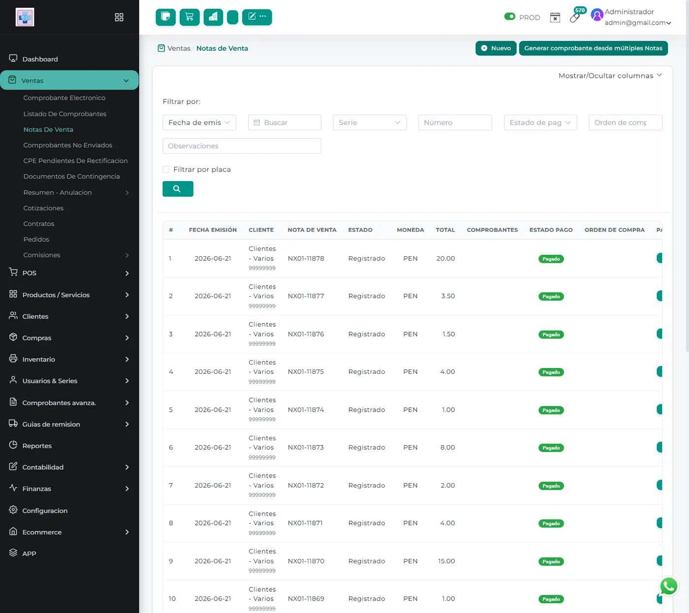 Listado de comprobantes y notas de venta emitidos en Sysfarma con fecha, cliente y total